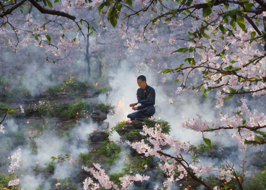 Person sitting on rock surrounded by cherry blossoms and mist in serene garden.