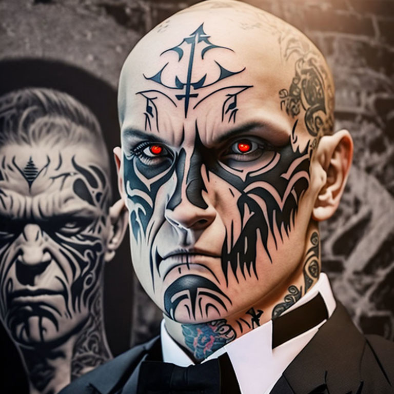 Two bald men in suits with black facial tattoos, one with red glowing eyes