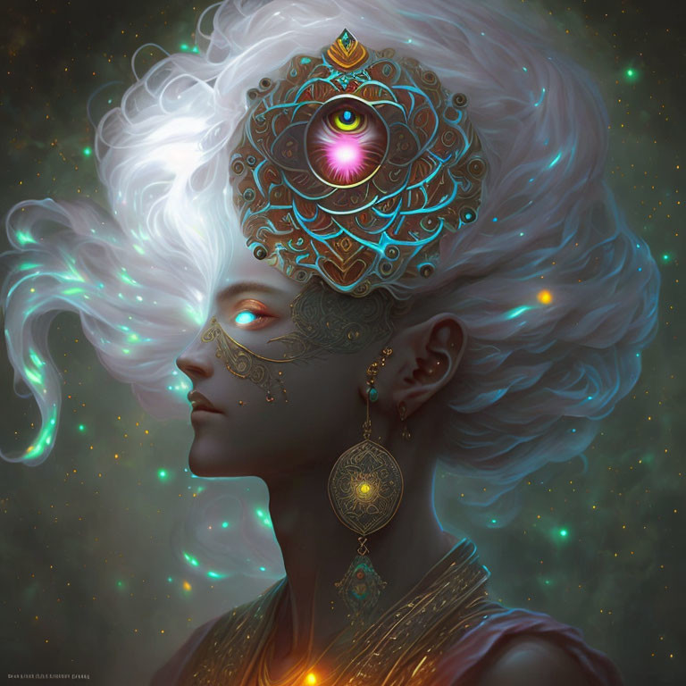 Ethereal portrait of a person with white hair and golden jewelry in front of a mandala and