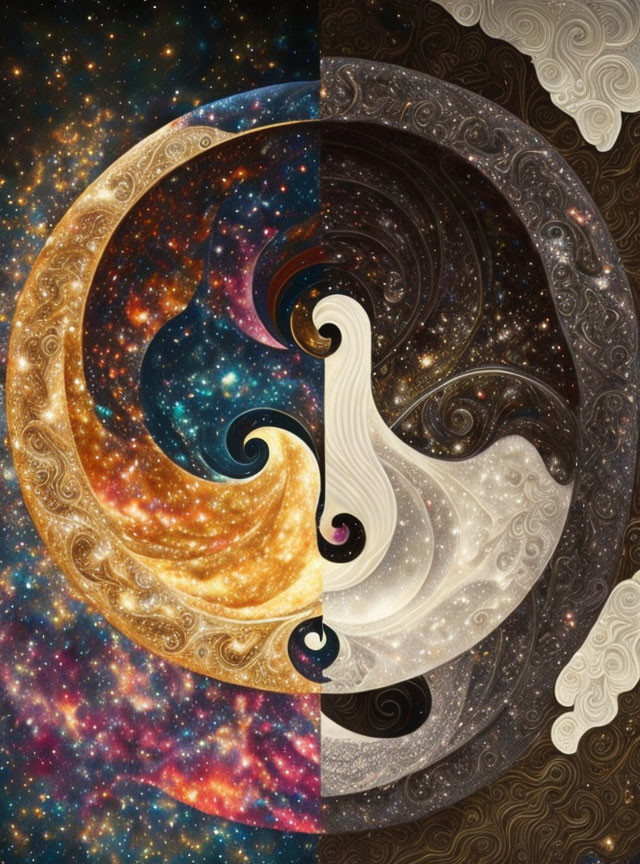 Digital Yin-Yang Symbol with Cosmic Starfields and Abstract Textures