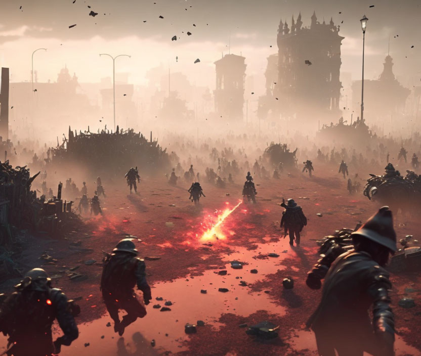 Futuristic soldiers in dystopian battlefield with crimson beam and debris