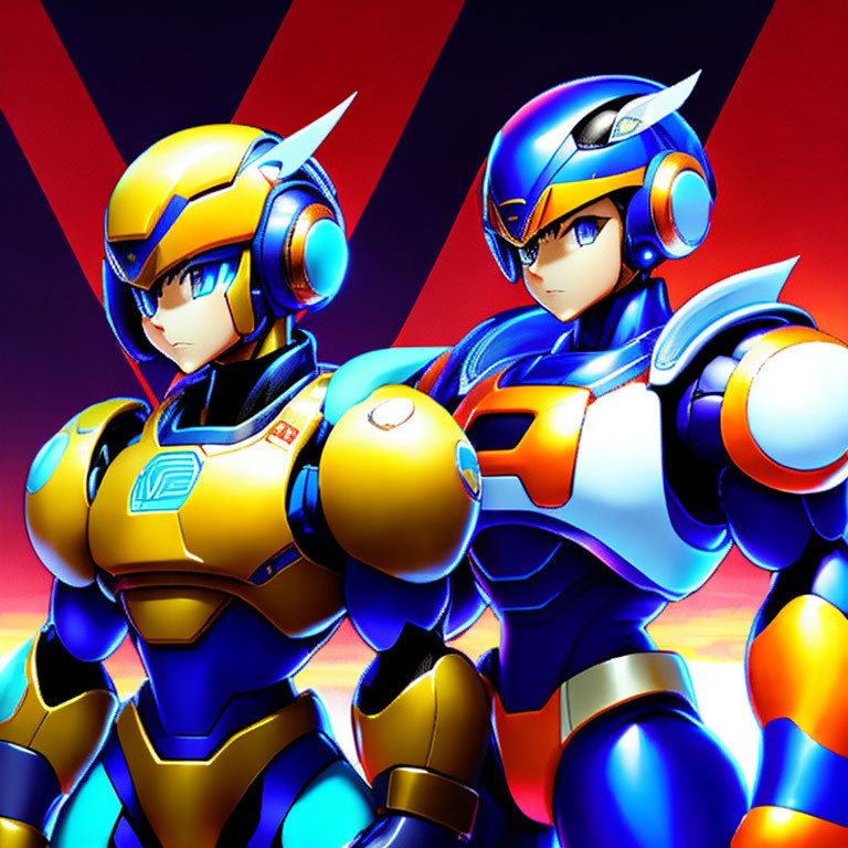 Armored robotic characters in blue and yellow and red and white armor standing back-to-back on dynamic red