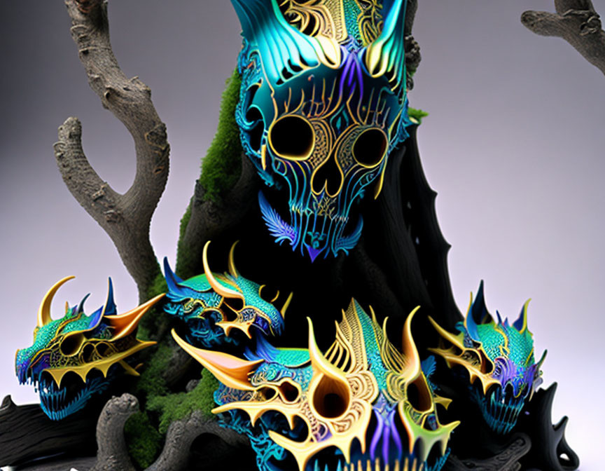 Colorful neon skull in dark landscape with vibrant dragons