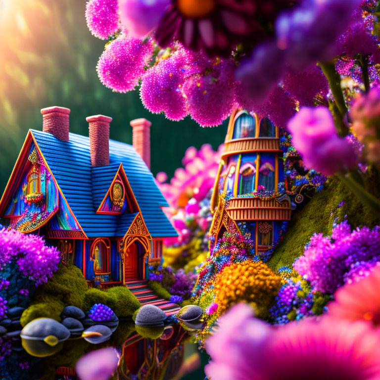 Charming blue-roofed cottage in magical garden with purple flowers