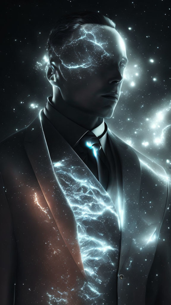 Cosmic-themed digital art with stars and nebulae patterns on a person wearing a suit with an