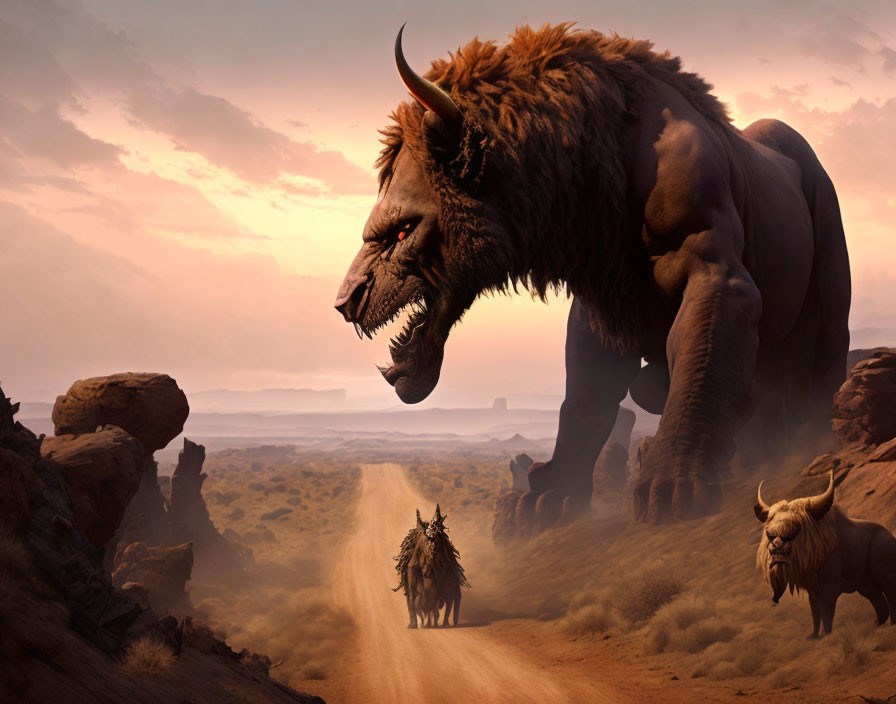 Giant lion-like creature overlooking desert pathway and smaller creatures