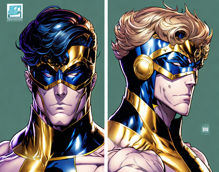 Superhero illustration with split imagery of dark and blonde hair, masks, and suits