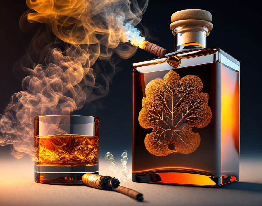 Luxurious Whiskey Decanter with Tree Design, Glass, and Cigar on Reflective Surface