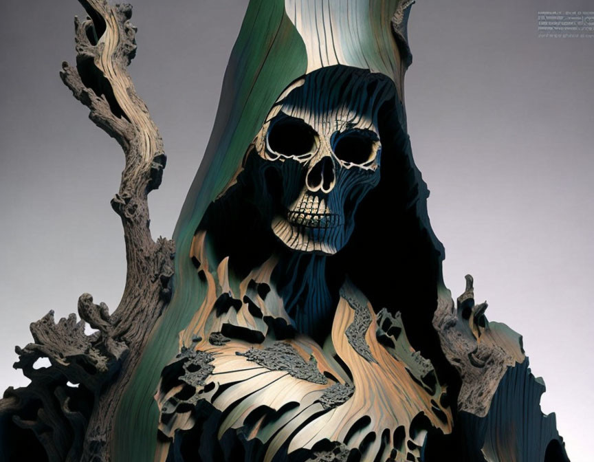 Surreal nature and skull illustration with wooden textures