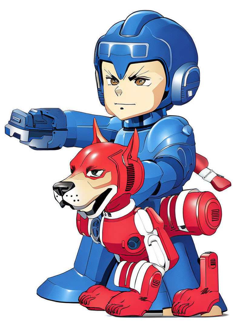 Male character in blue armor with robotic dog in action pose