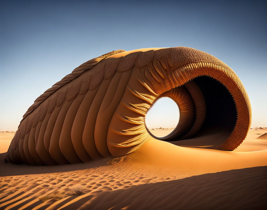 Circular orange ribbed structure in desert landscape at dawn or dusk