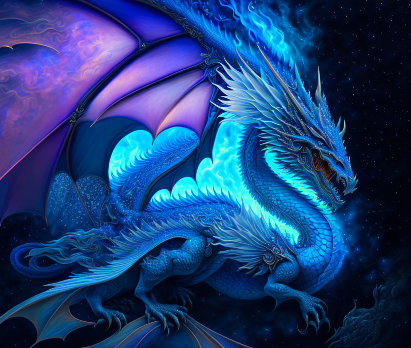 Blue Dragon with Iridescent Wings on Starry Night Sky