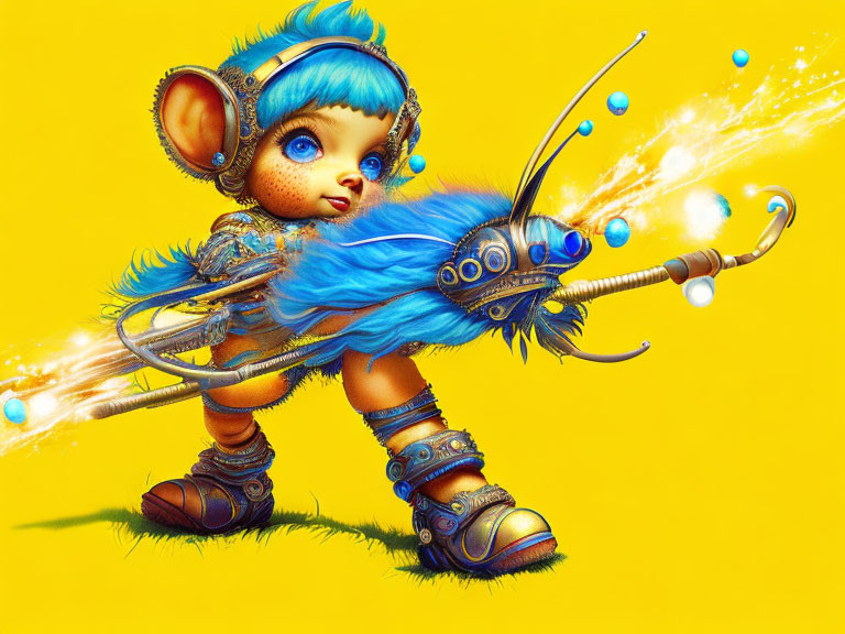 Colorful whimsical creature with blue hair and feathers, steampunk boots, and magical staff on
