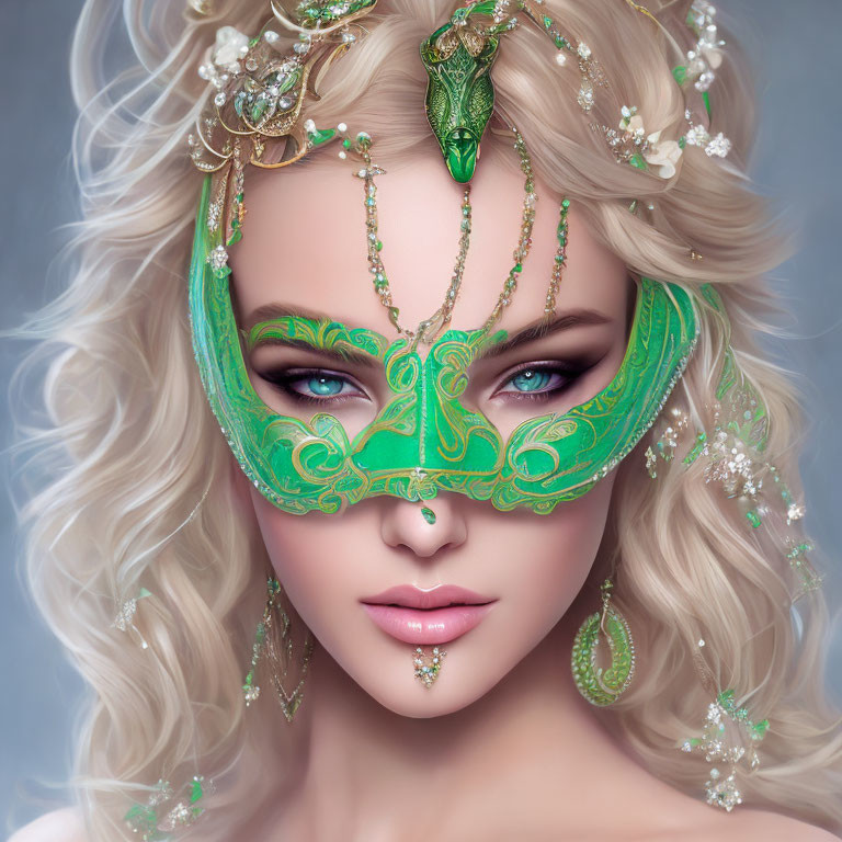 Blonde woman in green mask with gold ornaments and crystals
