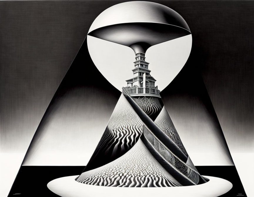 Surreal black and white artwork: Hourglass with lighthouse, light, shadows, optical illusions