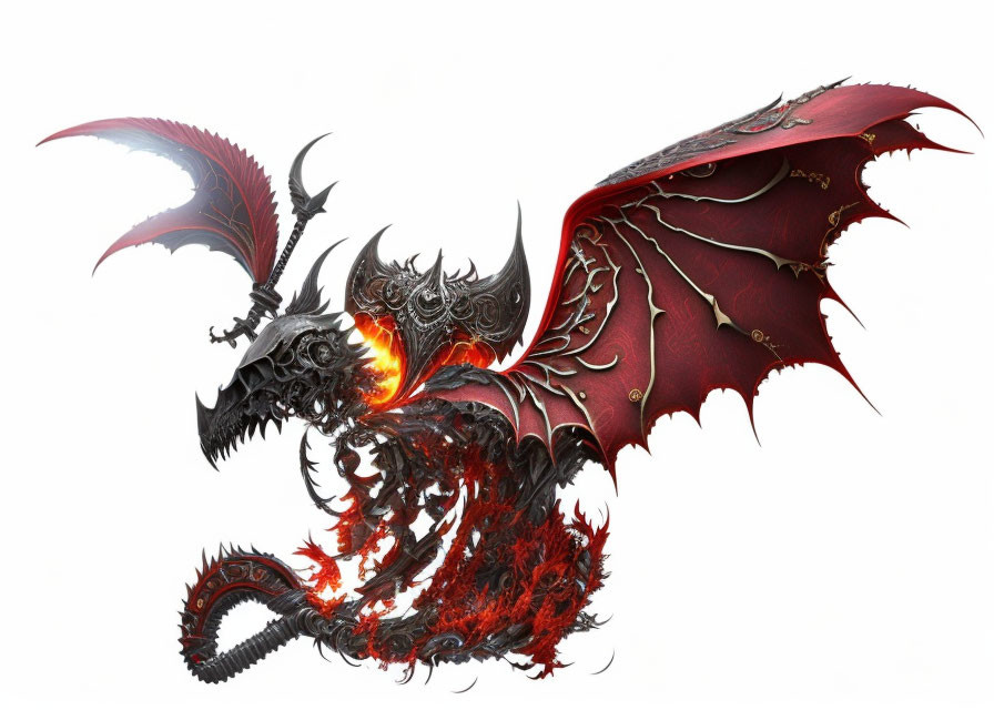 Red and Black Dragon with Large Wings and Fiery Breath on White Background