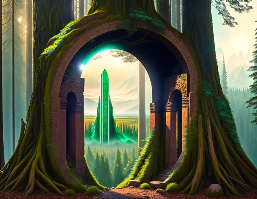 Fantasy landscape with giant tree archway and green crystal tower in mystical forest at sunrise