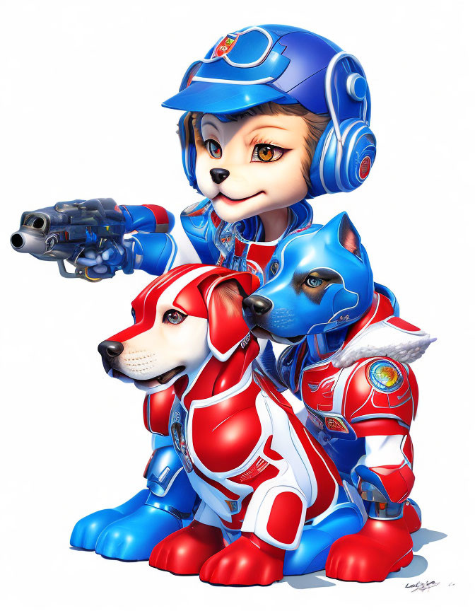Anthropomorphic fox in blue armor with helmet & gun, accompanied by two dogs in red & white