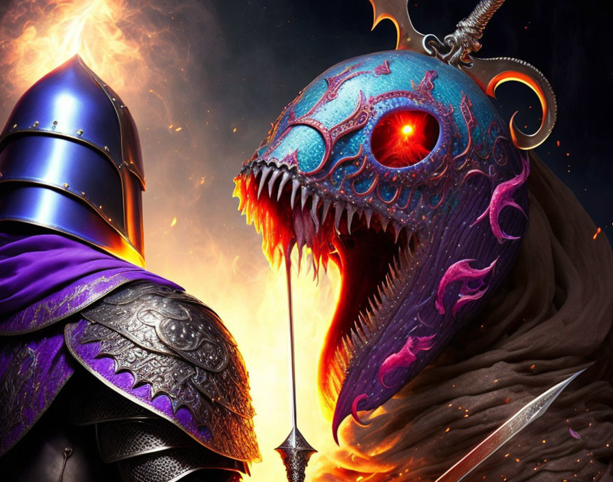 Armored knight confronts monstrous creature with glowing eye and ornate details