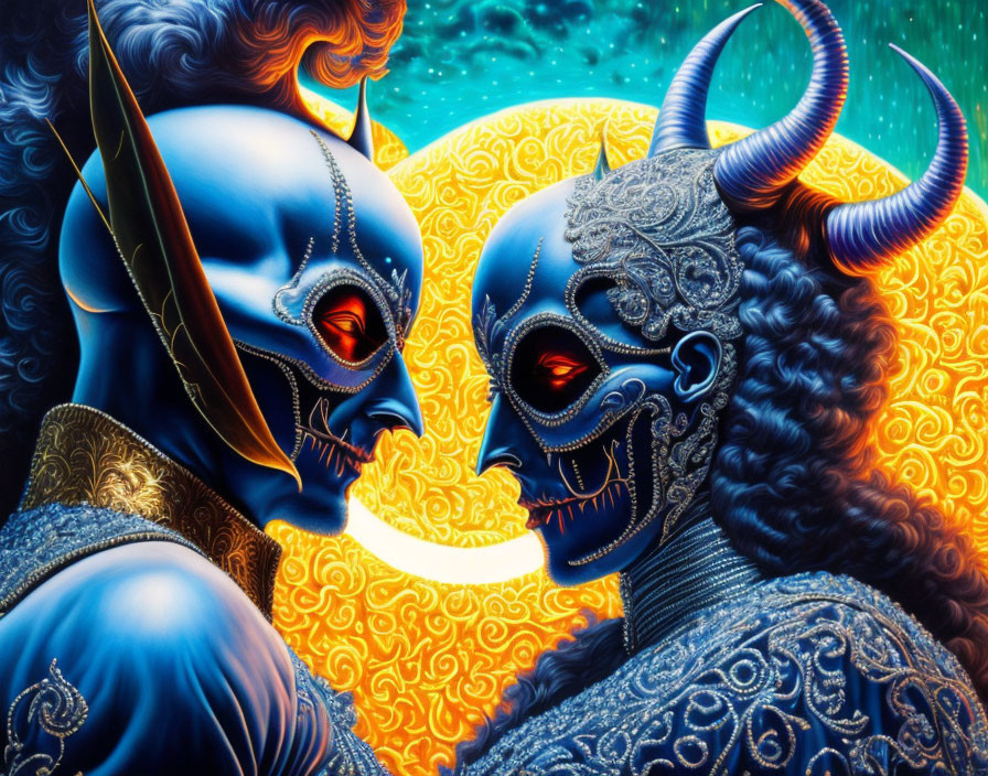 Fantastical blue-skinned characters with horns on golden backdrop
