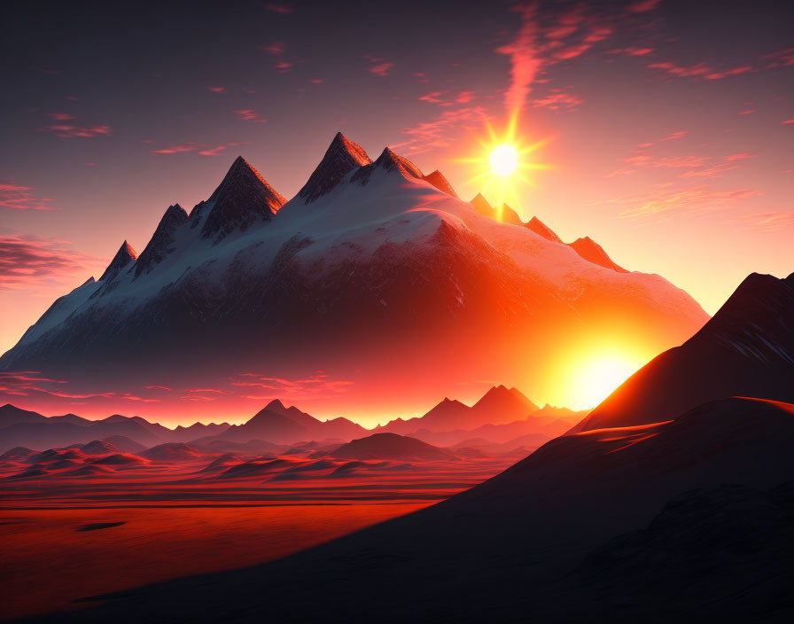 Snow-covered peaks and desert landscape at sunset