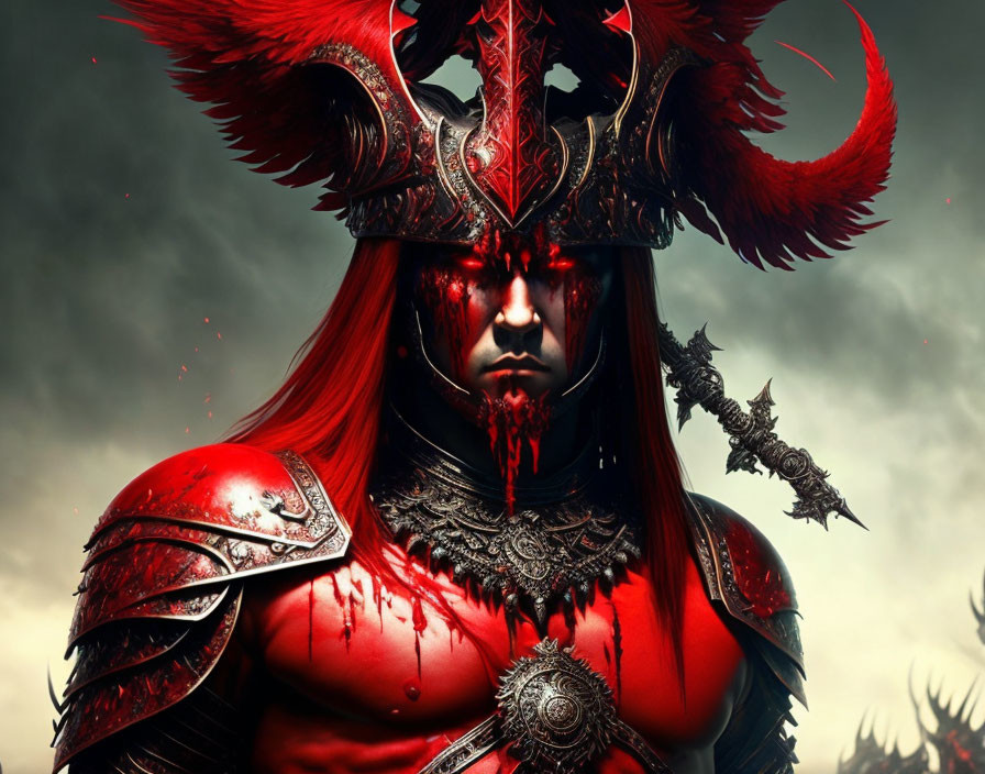 Elaborate red armor warrior against stormy sky