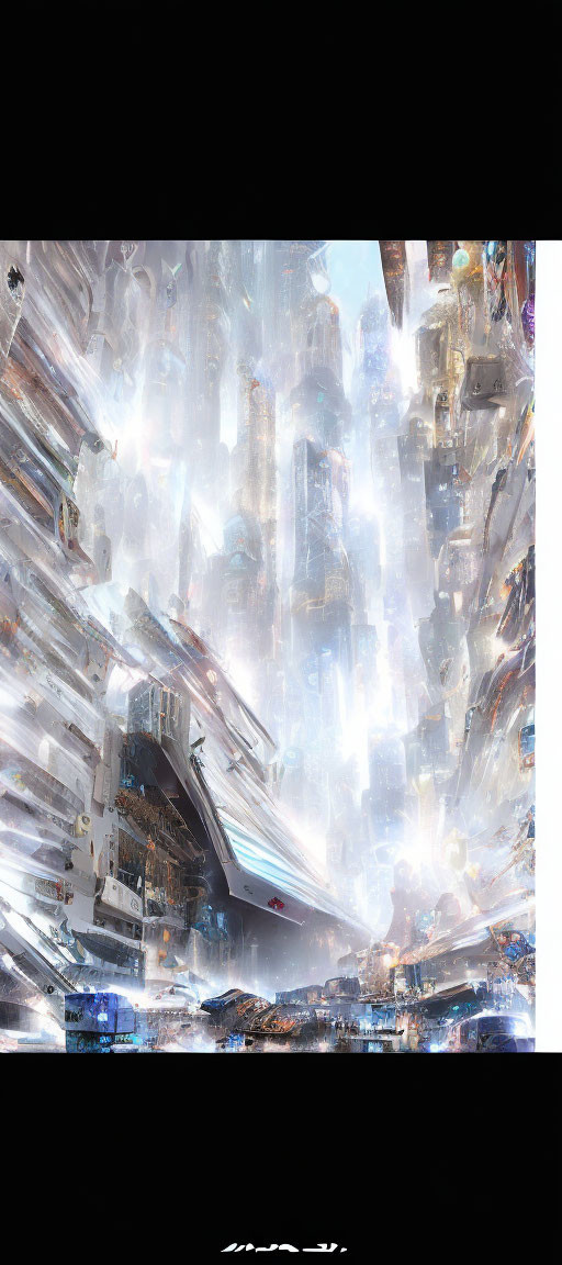 Futuristic cityscape with skyscrapers, bright lights, and flying vehicles