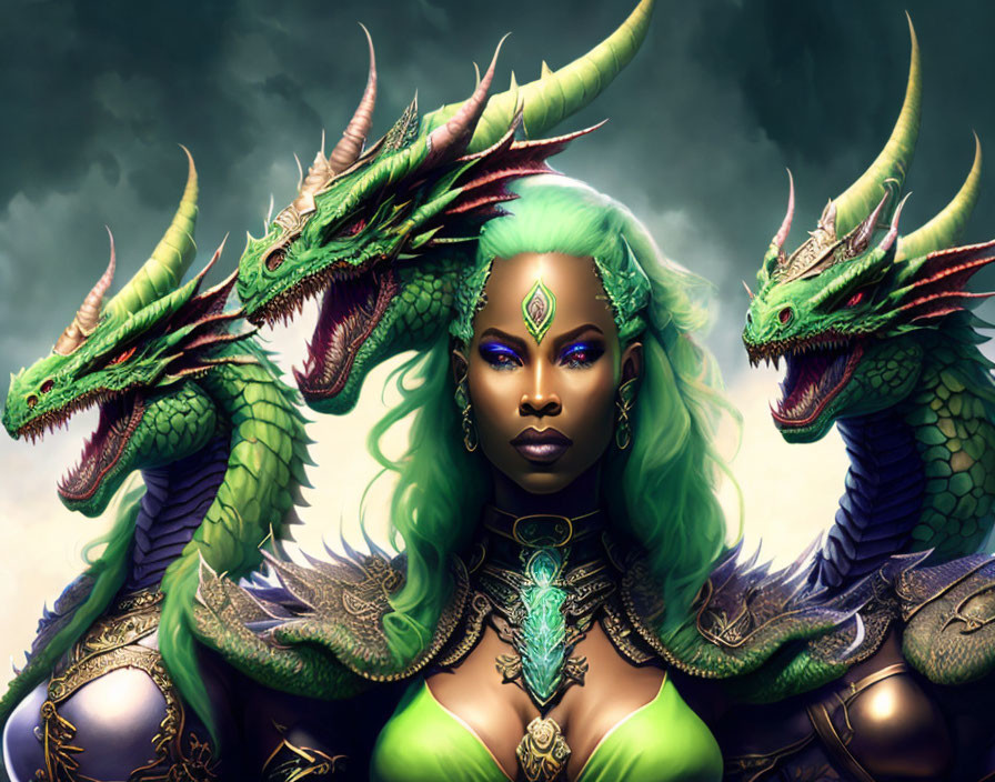 Fantasy artwork: Woman with green hair in dragon armor with glowing eyes, accompanied by three dragons under