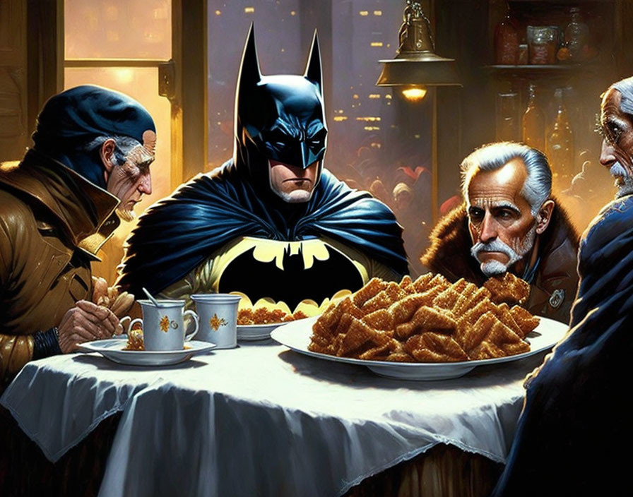 Superhero Characters Dining in Warm Indoor Setting