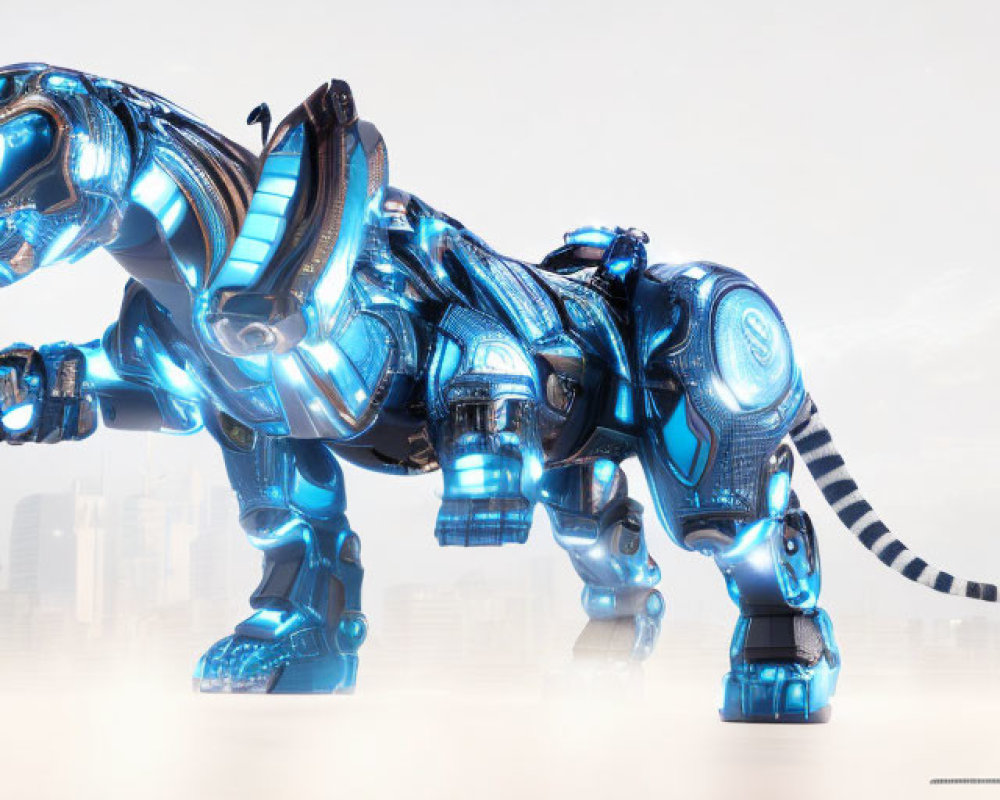 Futuristic metallic blue robotic tiger against city skyline