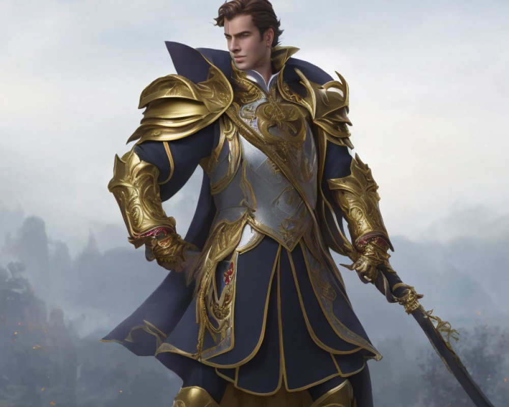 Figure in ornate golden and blue armor with powerful stance and cloak