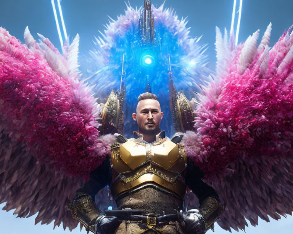 Majestic figure in golden armor with fuchsia wings and glowing orb