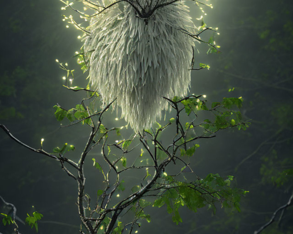 Glowing white tendrils on thin branches in a misty forest