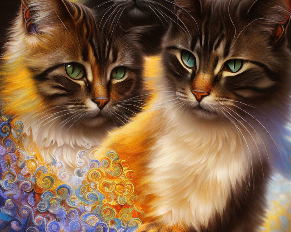 Colorful Cats with Vibrant Eyes on Floral Background