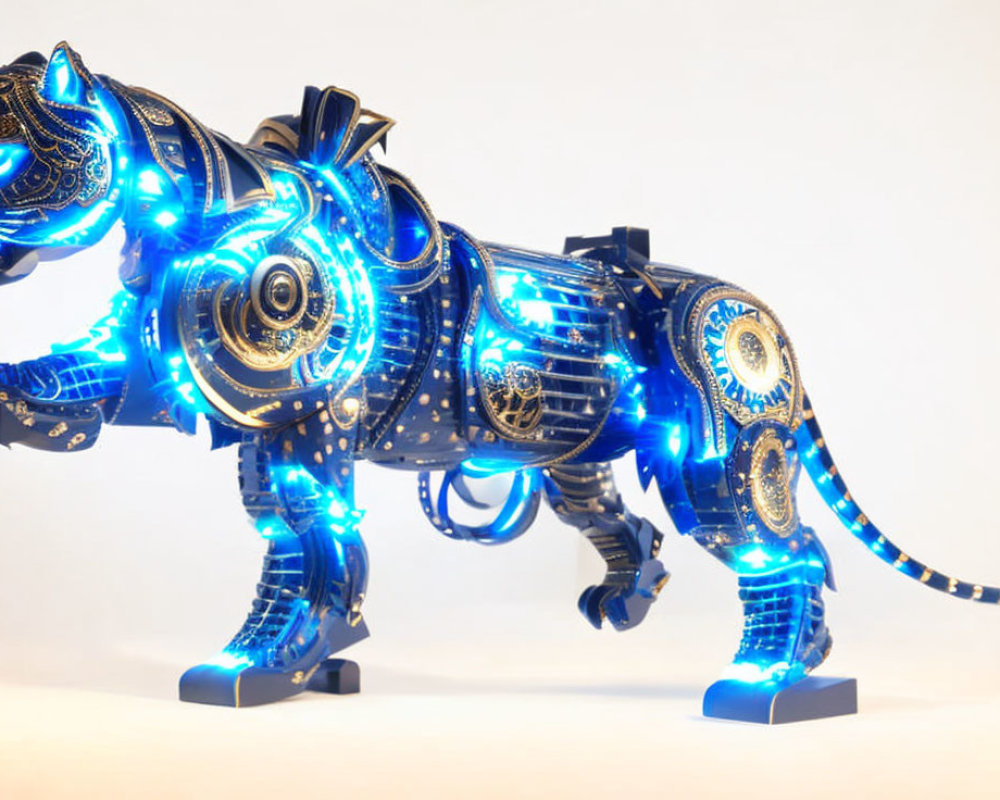 Intricate Mechanical Tiger Sculpture with Blue Lights