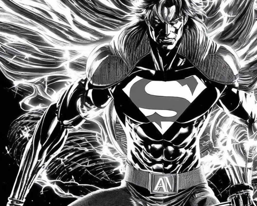 Monochrome superhero illustration with 'S' emblem and dynamic energy.