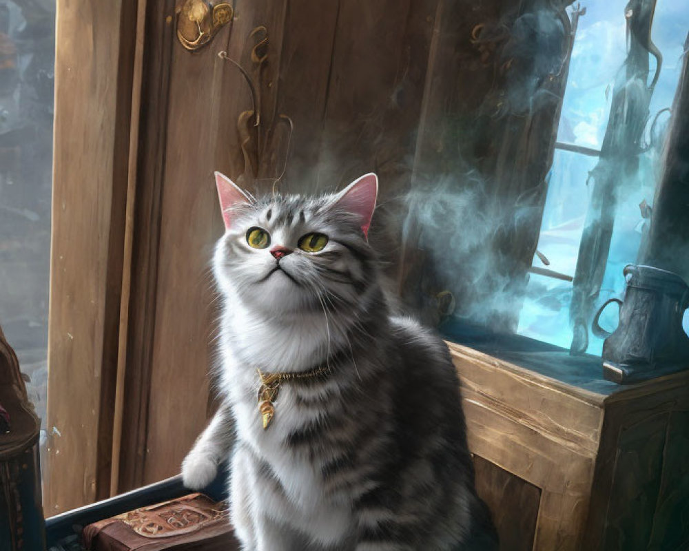 Tabby cat with pendant near ornate door, books, and pipe