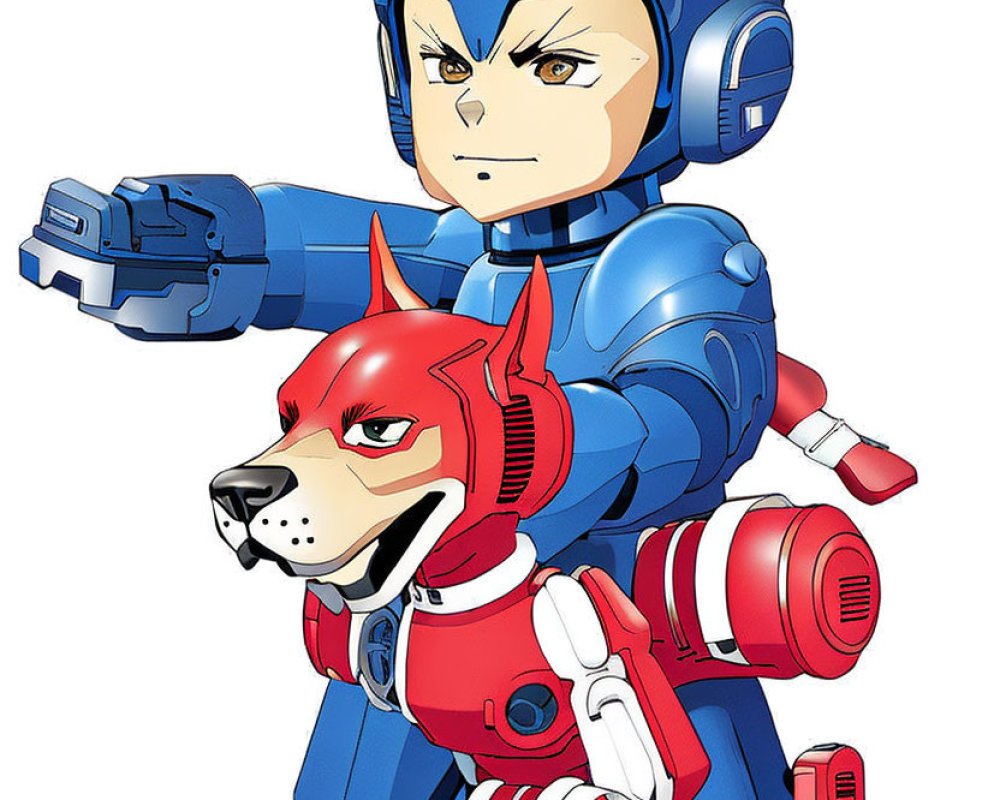 Male character in blue armor with robotic dog in action pose