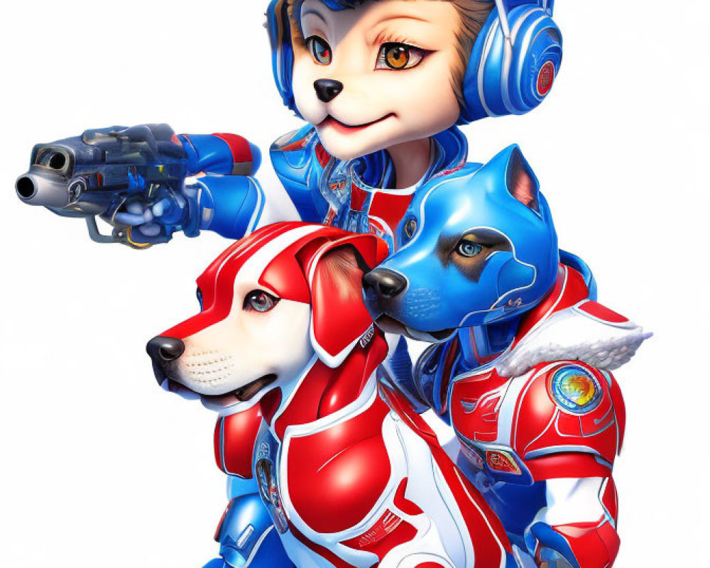 Anthropomorphic fox in blue armor with helmet & gun, accompanied by two dogs in red & white