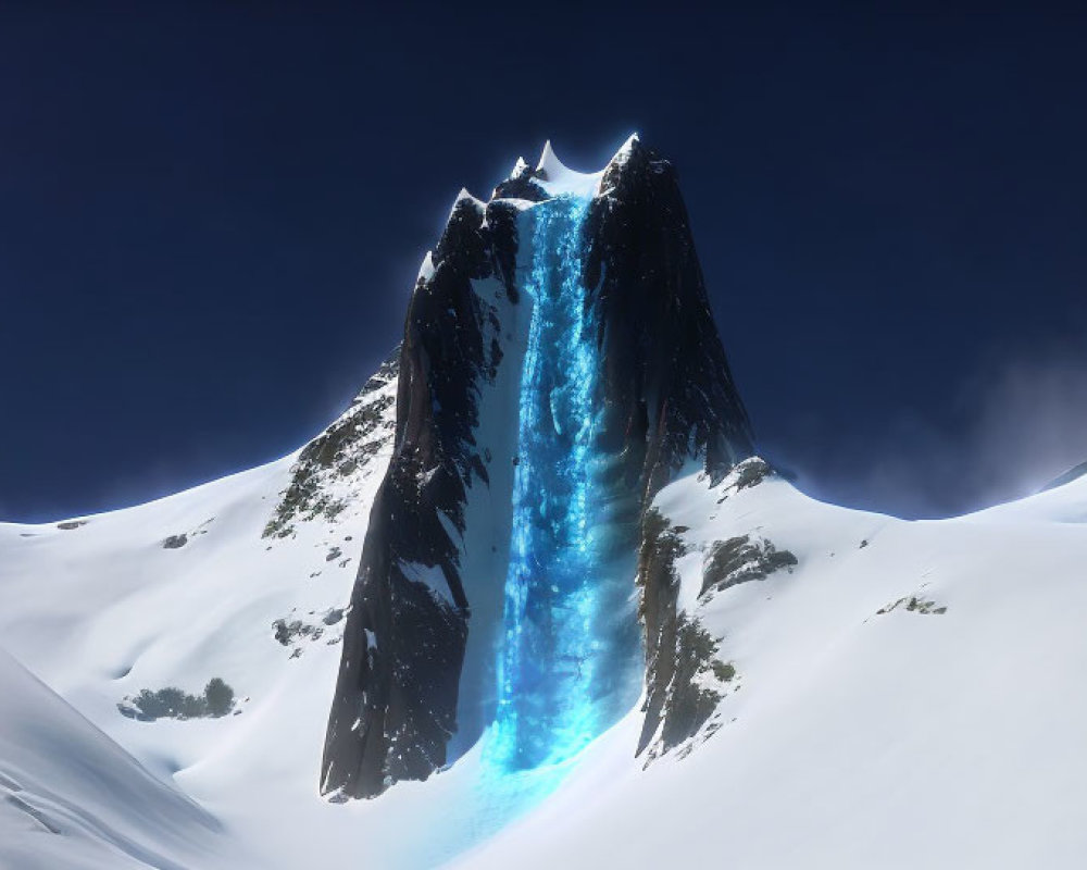Snow-covered mountain peak with glowing blue crevasse under clear sky