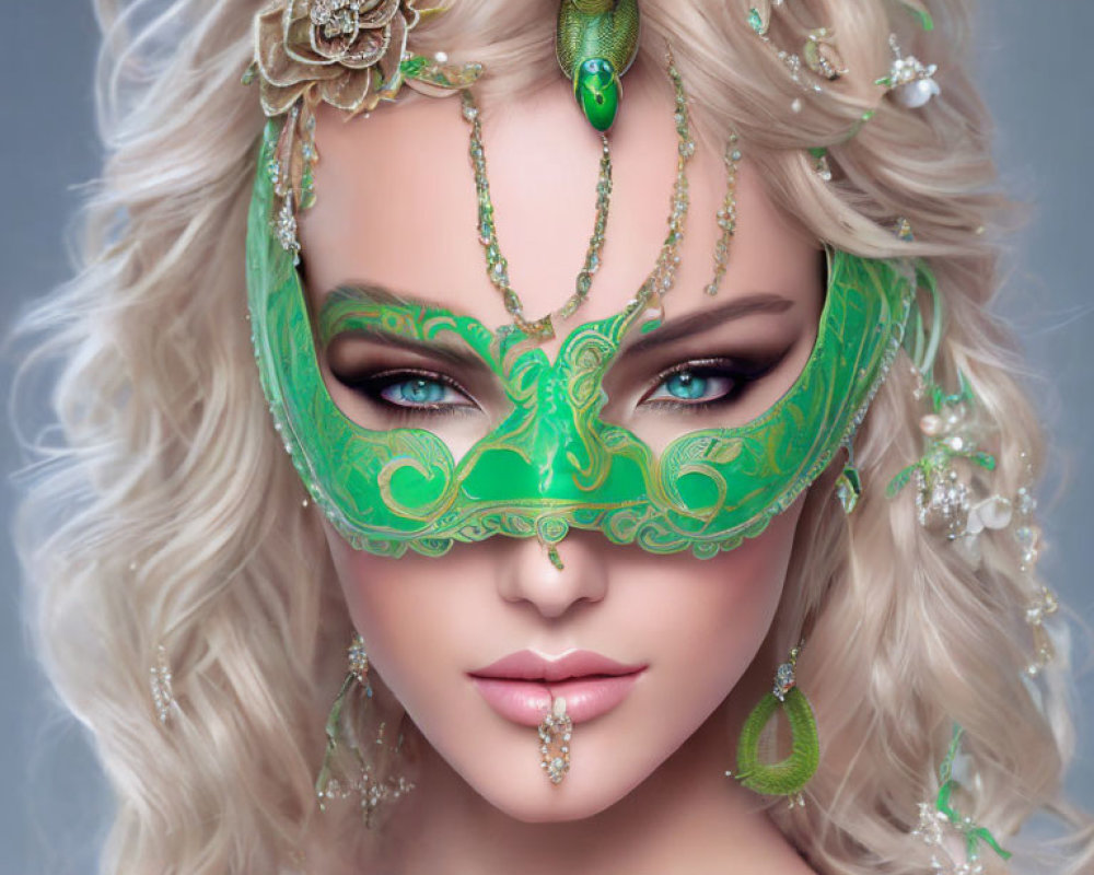Blonde woman in green snake mask with gold and jewels