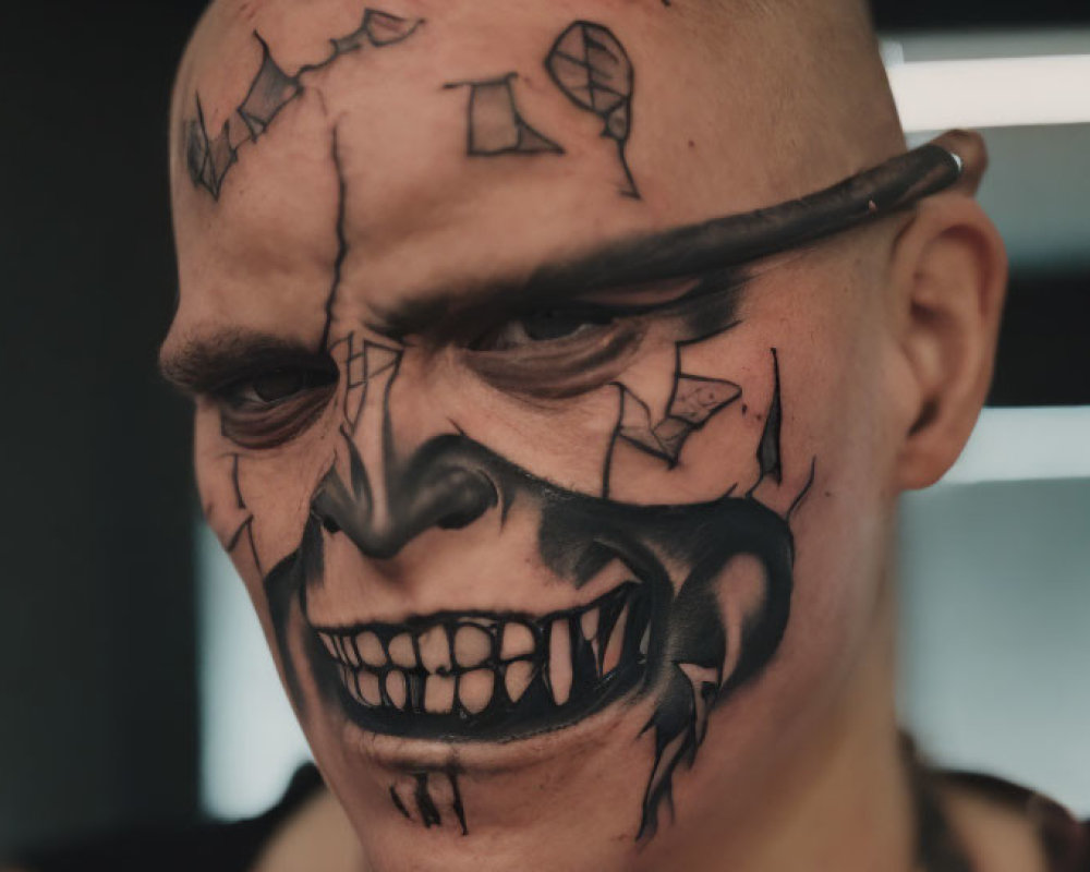 Detailed Menacing Skull Tattoo with Intense Look