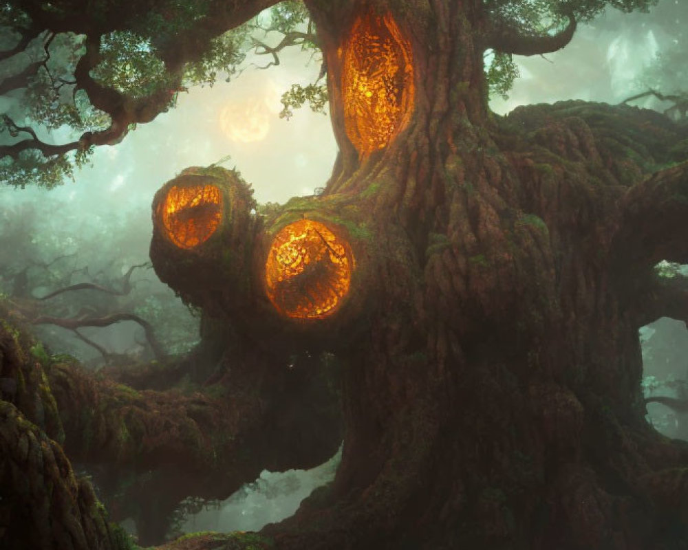 Twisted trunk ancient tree in misty forest with glowing hollows