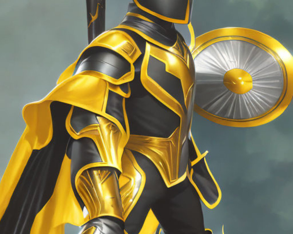 Golden-armored knight with spear and shield on gray background with symbols