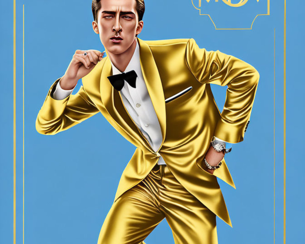 Man in Golden Suit with Bow Tie Poses in Stylish Illustration