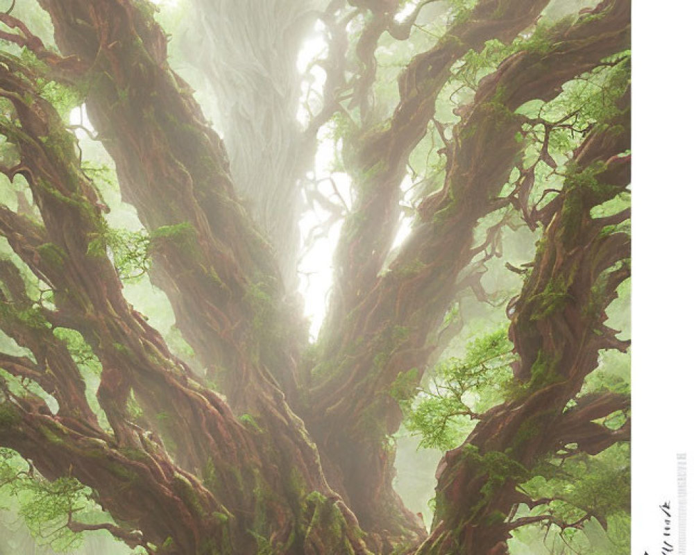 Mystical forest scene with ancient tree and ethereal fog