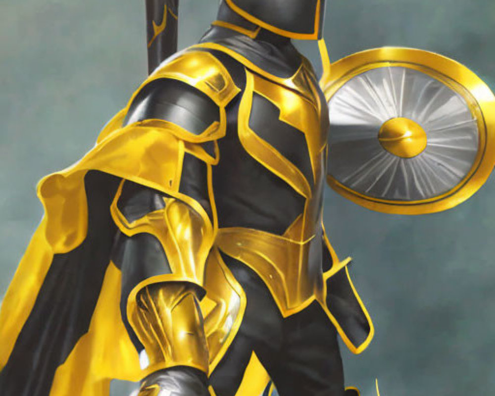 Medieval knight in gold and black armor with shield and sword against cloudy backdrop