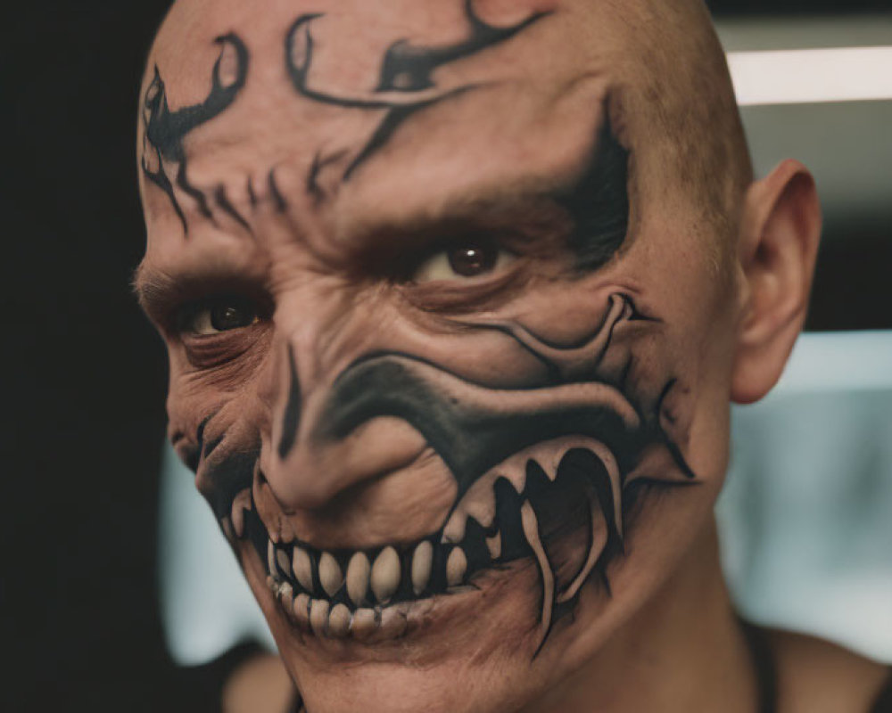 Intricate Black Facial Tattoo Mimicking Skeletal Features