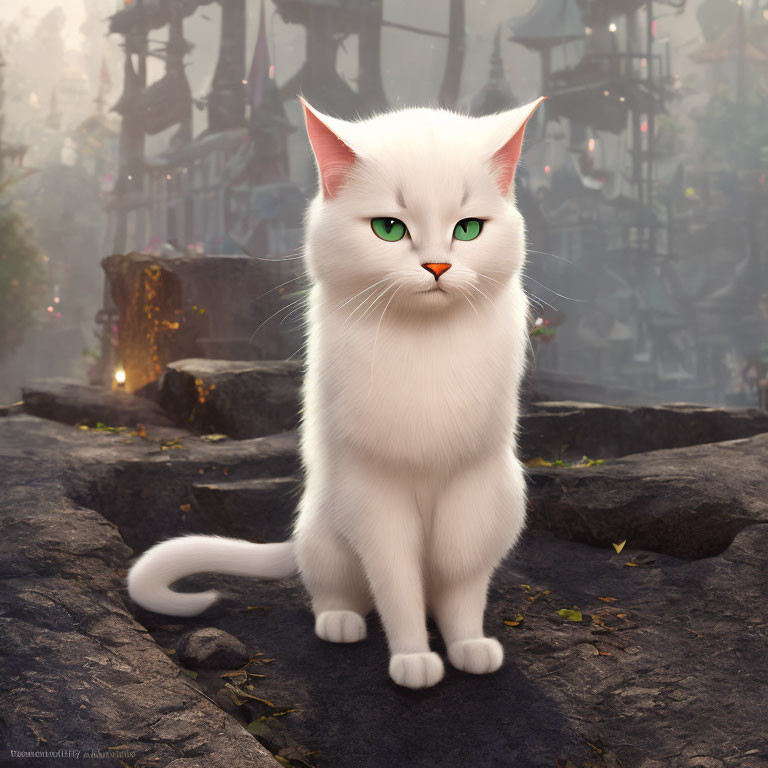 Majestic white cat with green eyes in ancient village setting