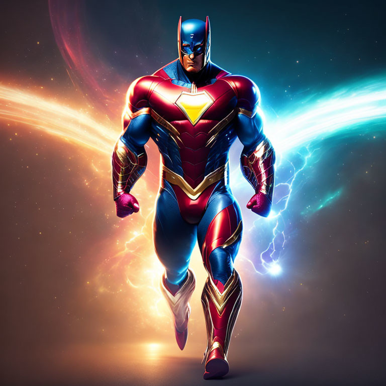 Muscular superhero in blue and red suit with lightning bolt emblem running energetically.